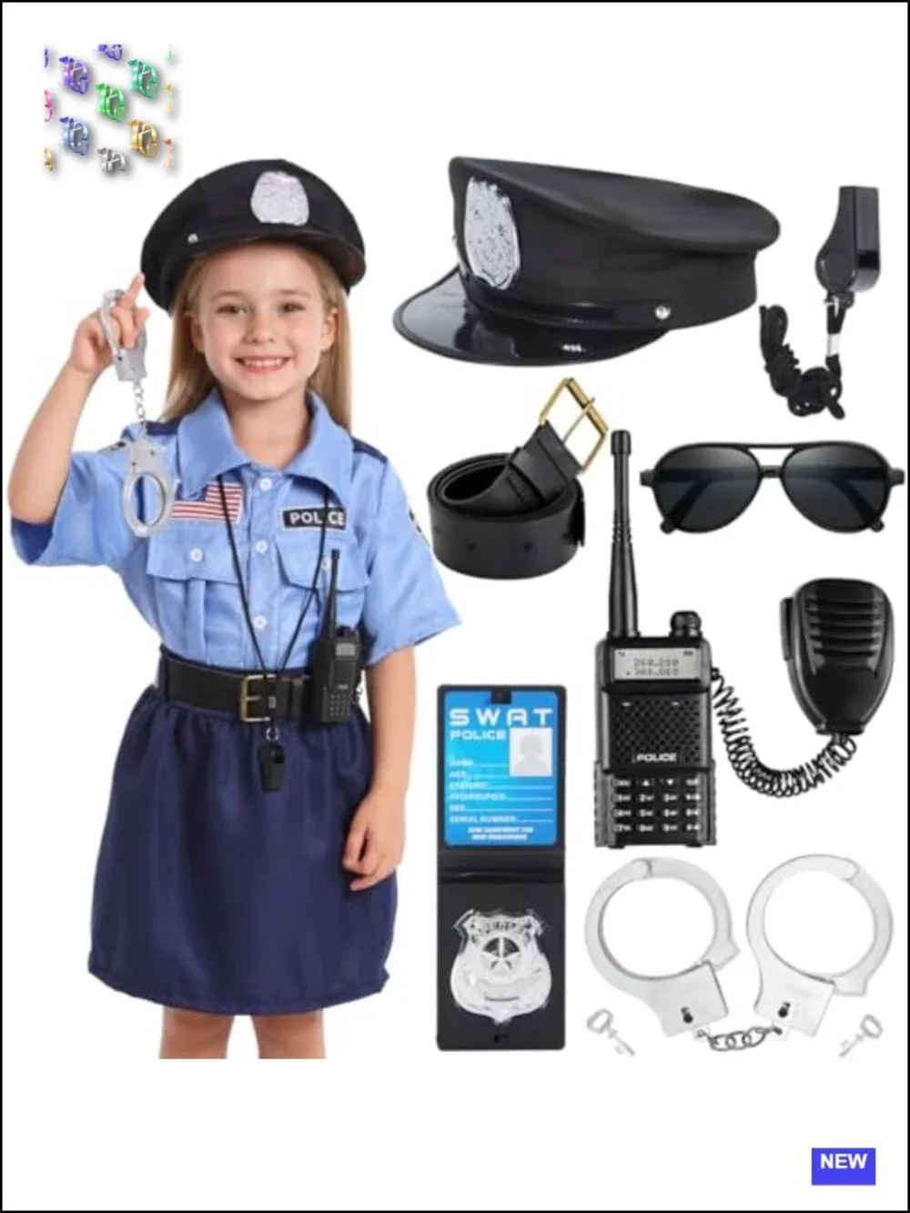 Kids Police Officer Costume with Accessories, Pretend Play Outfit for Girls